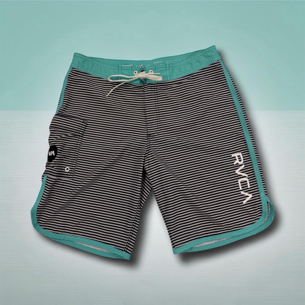 RVCA Mens Performance Stretch Swim Trunk Board Shorts Sz 32 Striped Black/Gray